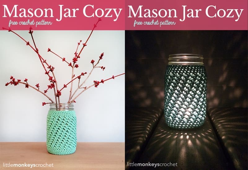 Mason Jar Cozy | Free Crochet Pattern by Little Monkeys Crochet (lwww.littlemonkeyscrochet.com)