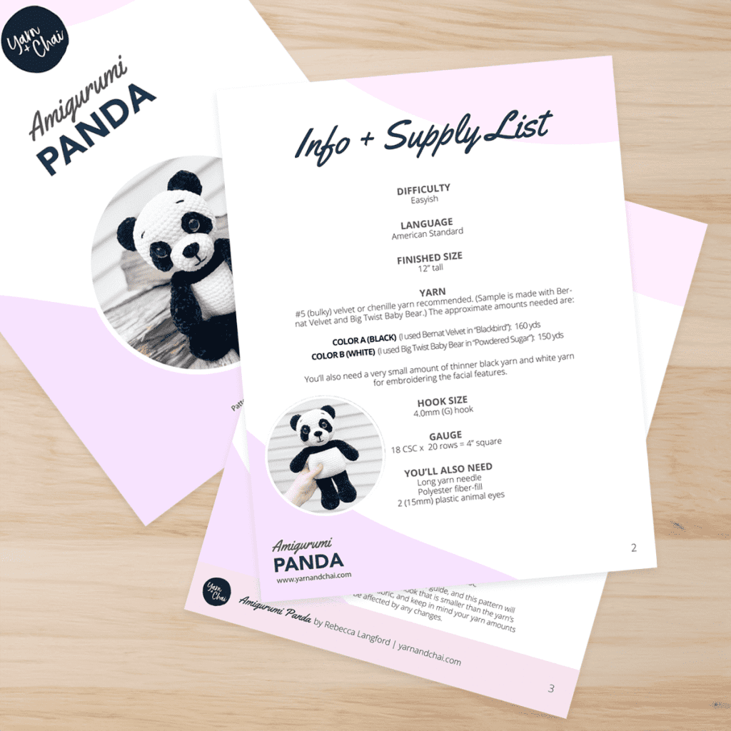 Image shows a printout of the Amigurumi Panda pattern PDF.